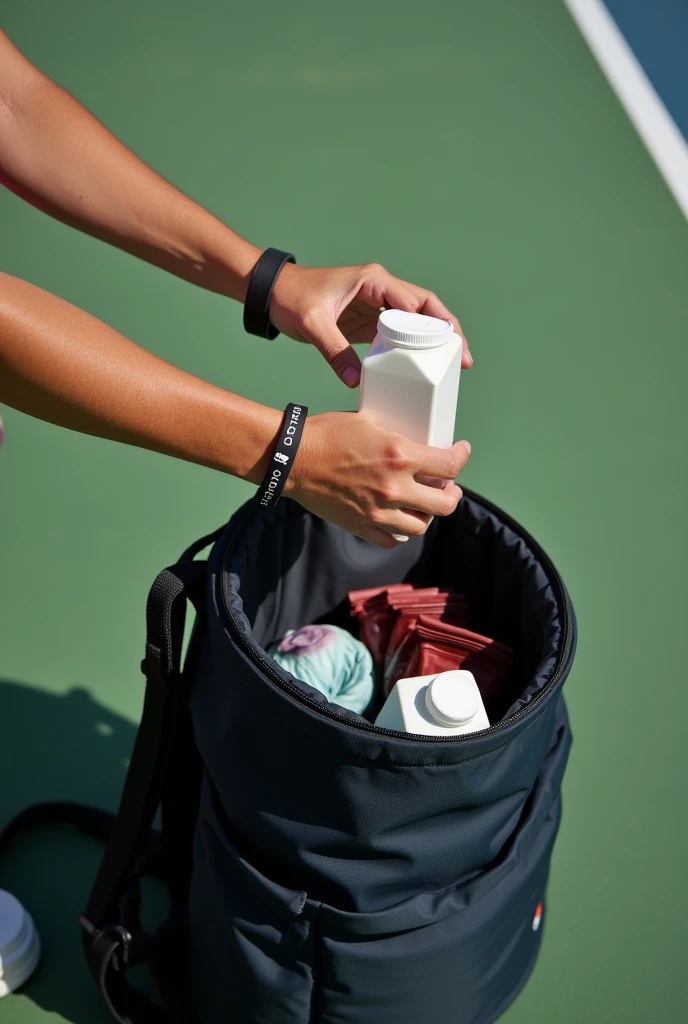 Hand with sports bracelet putting small square milk carton into open shallow sports bag,Backlight,Photography,Vertical Image,zoom in,A corner of the tennis court,There are some sundries in the backpack