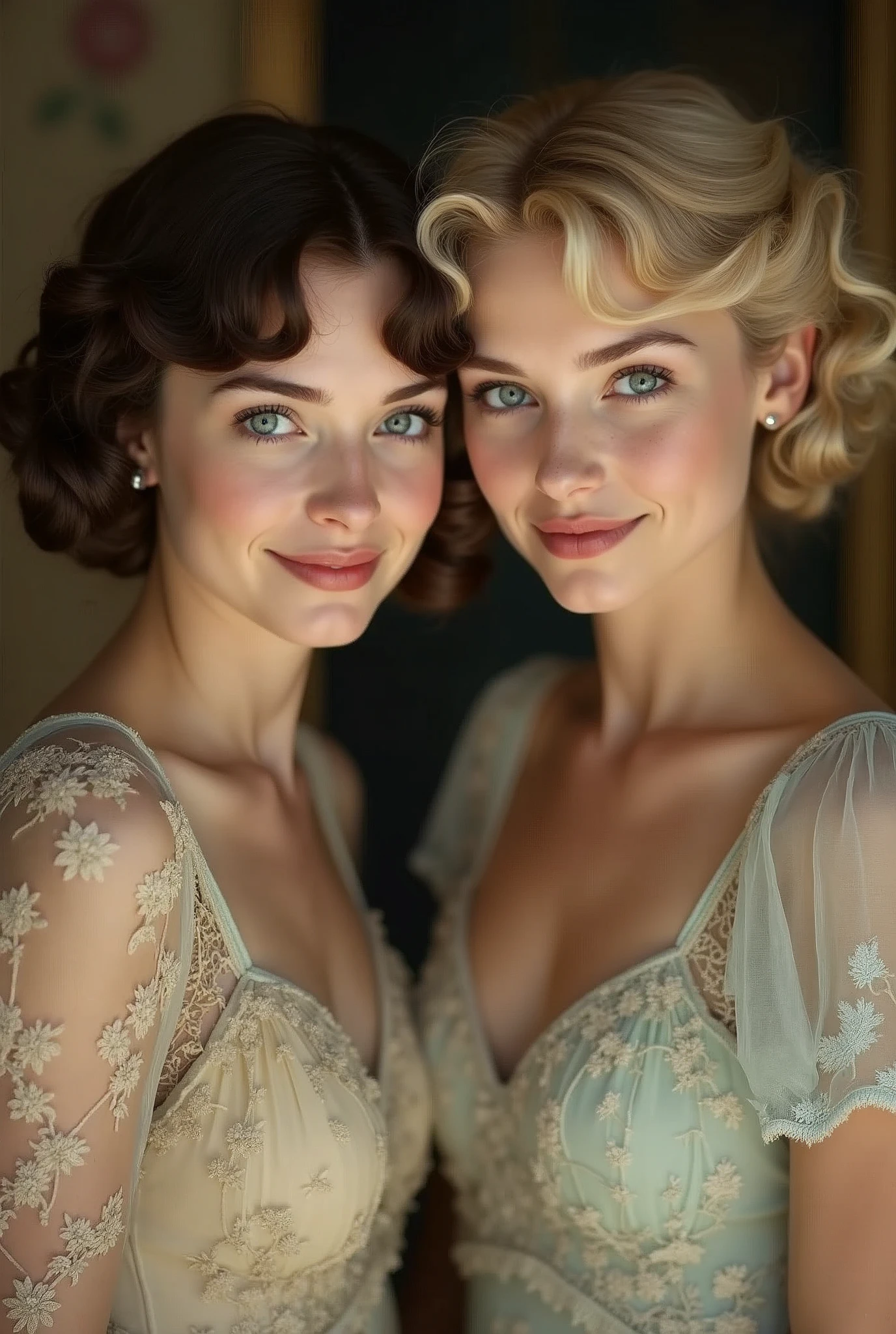 Front view, looking at viewer, 1939 years, Gone with the memories, Beautiful American White girl sisters born in Japan, 23 and 22 years old, Hollywood movie actress, (Olivia is dark brown hair chignon smile),(normal body, 1930 year's old fashion ), (John is blond hair, middle hair, small lip , smile ),(normal body, 1930 year's old fashion )Two sisters, , in Hollywood , textured skin , HI detailed skin, (foreshortening, Canon, uhd, anatomically correct, super detail, high details, highness,