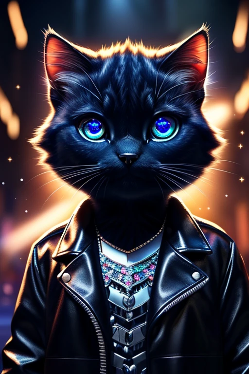 (Highest quality、masterpiece、8k))、Anatomically correct、Very detailed、High resolution、Cinematic lighting、Realistic、((Beautiful, sparkling, detailed eyes))、Intricate details、((Dynamic composition))、Cute kitten、Big head、Black Leather Jacket