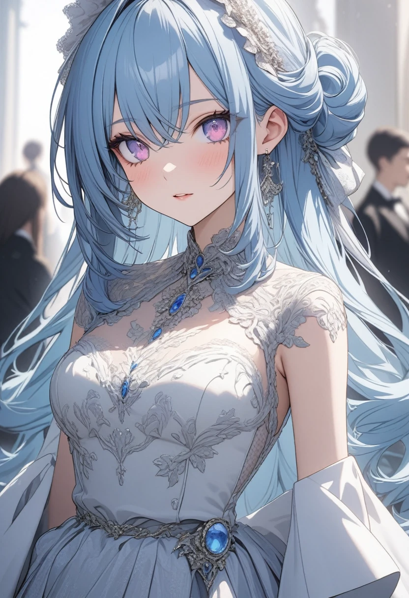 anime girl, pastel blue hair, violet eyes, ultra detailed, HD, beautiful, model clothes, elegant,