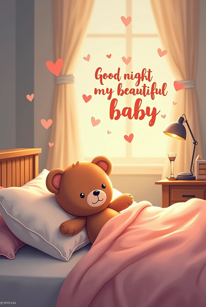 A beautifully designed good night poster featuring a sweet and cozy illustration of a cute bedtime scene. The background is a soft combination of warm colors, which creates a calm and relaxing atmosphere. There is a bed with a fluffy duvet and a bedside table with a lamp and a glass of water.. You see a teddy bear and a teddy bear and a pillow with the words "Good night my beautiful baby". The overall message of the poster is love and affection, with a farewell of "See you tomorrow" and a touching signature "😘❤️ CJ".