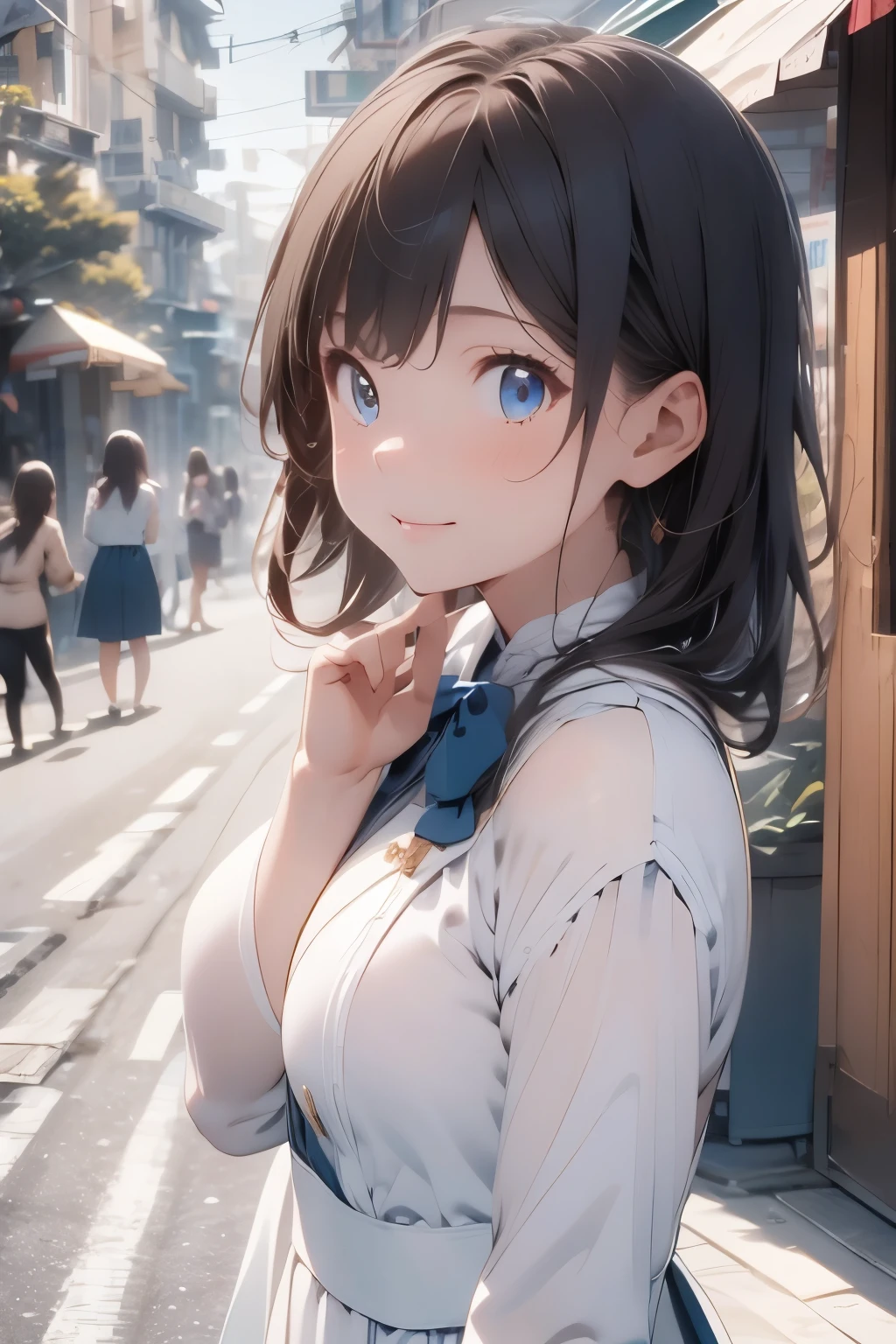 ((Top Quality)), ((Excellent)), (Details),,((nymph)),10 years old, Black Hair,(Childish face),((Straight Hair)), shiny hair, a Girl ,Medium Breasts, ((Blue Eyes)),masterpiece,,((topless)), ((white ao dai)),((Áo dài)), , ultra realistic, 32k, extremely detailed CG unity 8k wallpaper, best quality, soft lighting, solo, Straight Hair, blunt bangs, hair bow, hair ribbon, ribbon, ((white ao dai)),((white Áo dài)), outdoors, (Vietnam street), 1girl, black bow, cate , stunning environment ,vibrant colors ,