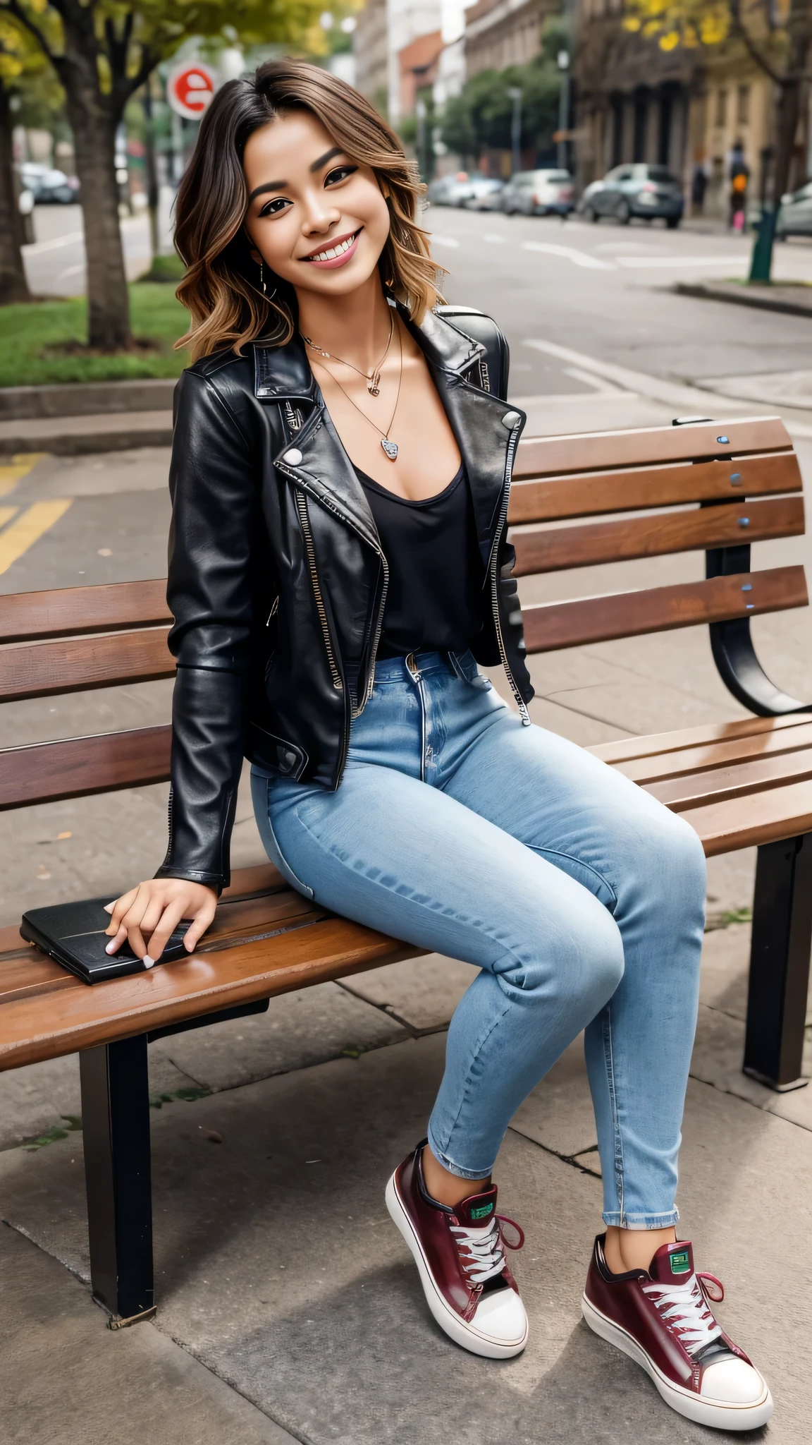 Super Resolution、beautiful Brazilian woman、Full body photo、sitting on a park bench、Short Haircut、、Wavy Hair、Ear piercing、necklace、leather jacket、shirt、Skinny jeans、sneakers、smile、Beautiful teeth alignment