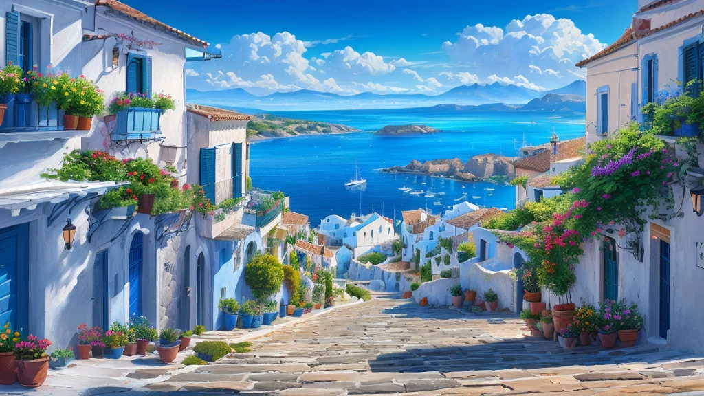 painting of a narrow street with flowers and potted plants, mediterranean vista, in a mediterranean lanscape, beautiful cityscape, scenery art detailed, mediterranean island scenery, mediterranean city, scenery artwork, summer street near a beach, detailed painting 4 k, mediterranean landscape, high detailed painting, greek fantasy landscape, painting of beautiful, detailed scenery —width 672