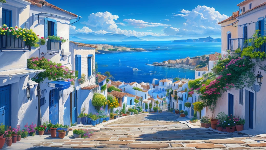 painting of a narrow street with flowers and potted plants, mediterranean vista, in a mediterranean lanscape, beautiful cityscape, scenery art detailed, mediterranean island scenery, mediterranean city, scenery artwork, summer street near a beach, detailed painting 4 k, mediterranean landscape, high detailed painting, greek fantasy landscape, painting of beautiful, detailed scenery —width 672