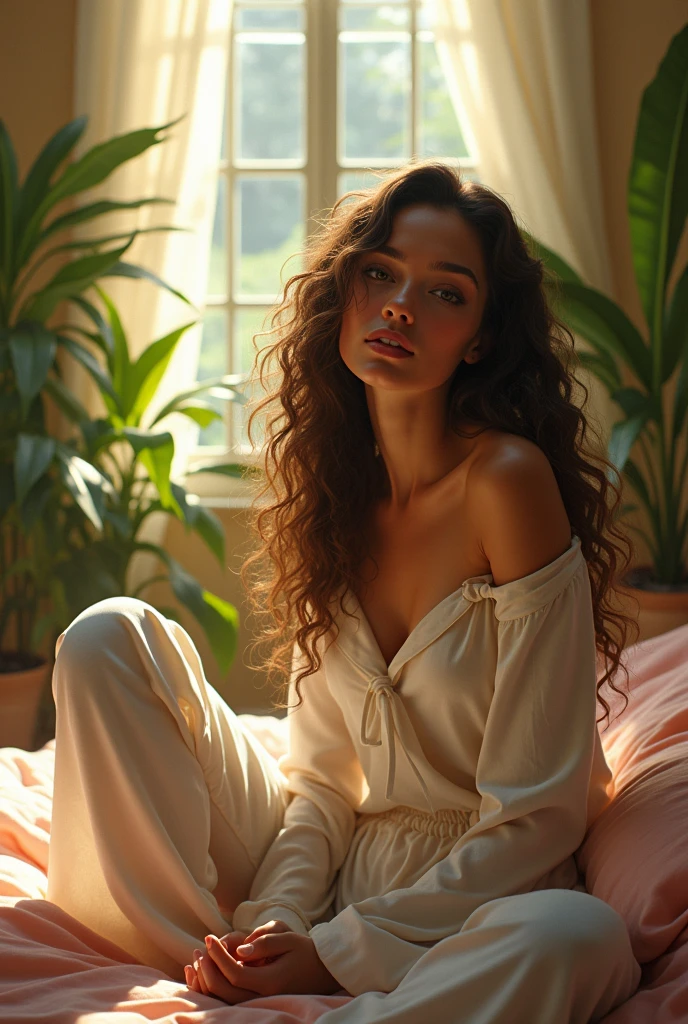 (photorealism:1.2), beautiful woman, sitting on bed, wearing loose off-shoulder top, pajama pants, long curly hair, indoors, soft lighting, plants in background, window with sunlight, cozy room, relaxed pose, realistic, intricate details, warm colors, by Greg Rutkowski, by Alphonse Mucha