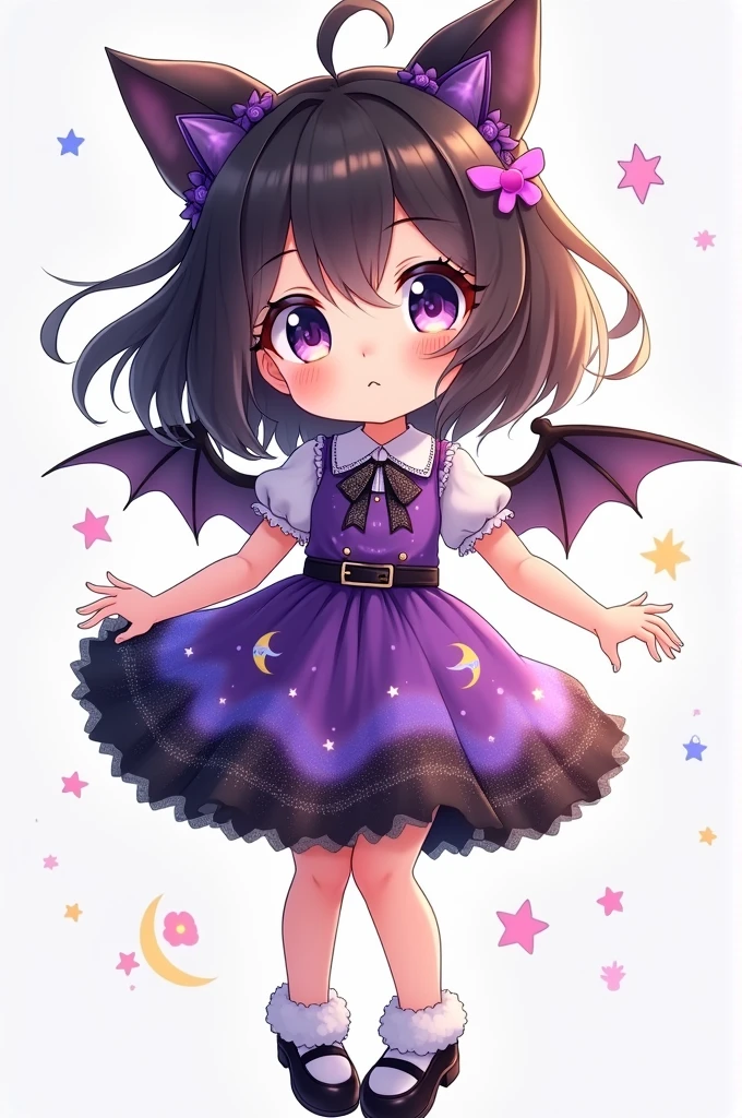Adorable 6 anime girl wearing a kawaii purple shiny dress with stars and moons and a shiny black skirt with star decorations and some black shiny shoes with small heels with very kawaii decorations with bat wings and little ears on her head Sonic style very adorable.