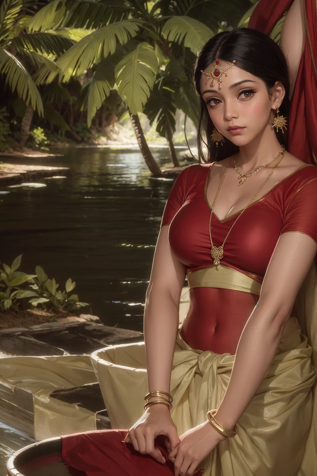 painting of a woman in a sari with a pot of water, traditional beauty, indian goddess, inspired by Raja Ravi Varma, inspired by T. K. Padmini, with kerala motifs, painting of beautiful, beautiful goddess, by Raja Ravi Varma, indian, hindu art, gorgeous woman, kerala motifs, traditional art, lovely woman, very beautiful woman, in red saree 