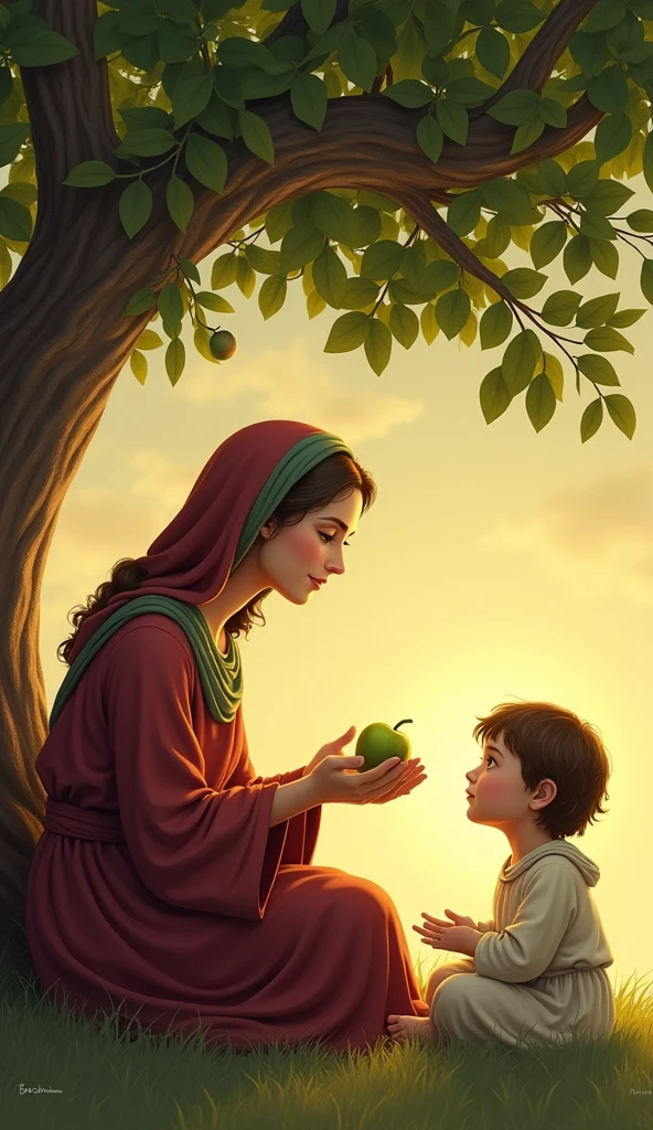 Create an image of Mary watching the baby Jesus sitting under a fig tree.