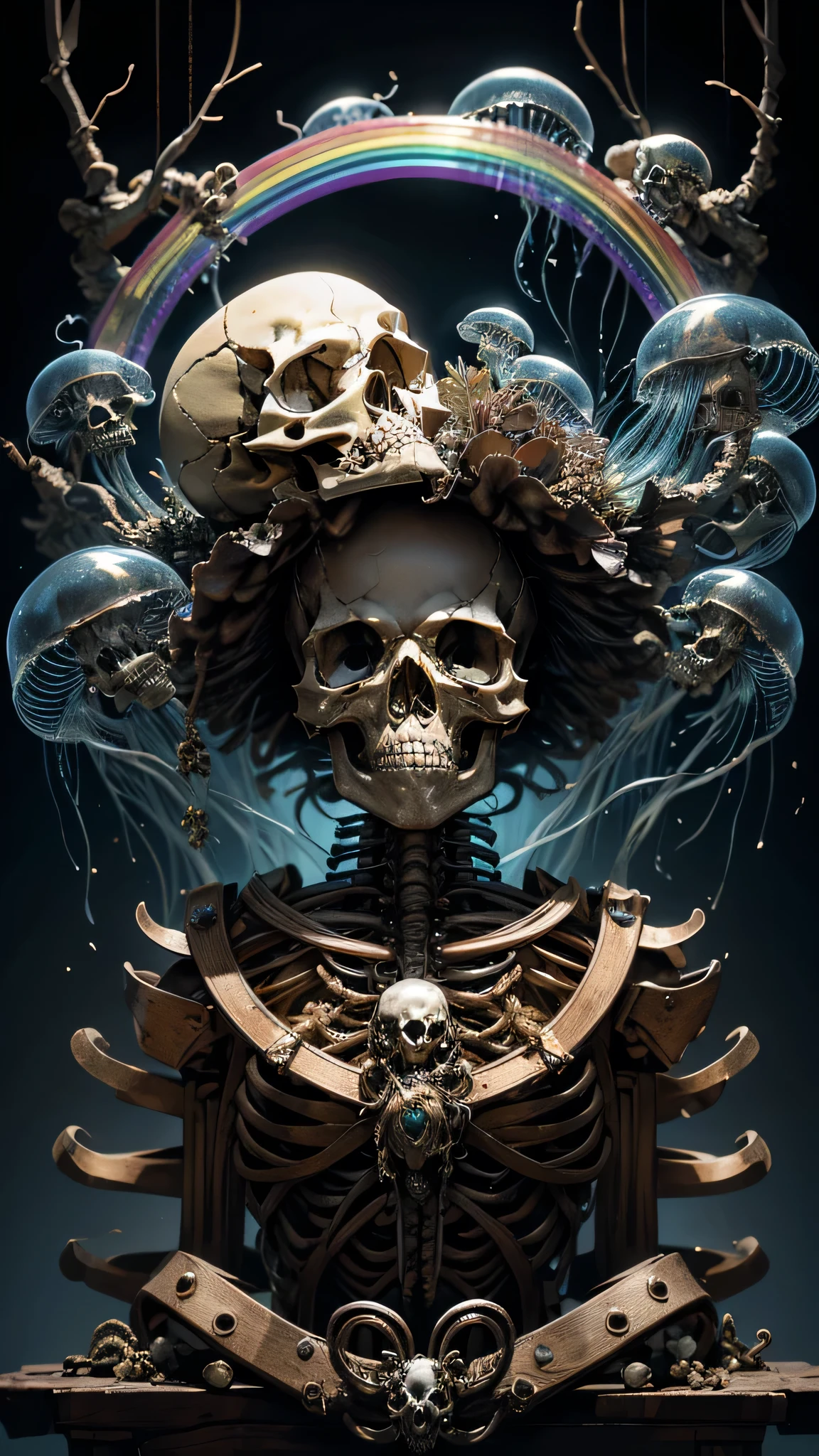 (Best picture quality, 4K, 8K, High resolution, Masterpiece: 1.2), ultra detailed, realistic: 1.37, a close-up of the head of(( A metal skeleton parasitized by a fantastic transparent jellyfish)), an altar composed of abstract twisted roots pulling a very large (mysterious skull made of metal), glowing eyes, a spooky waterfall above the skull, (rainbow, rainbow around the skull), full of energy, circular composition illustrates the effects of various structural forces, alone, (steampunk decorative elements, gear, and other elements). Pointers, chainantastic decorative combinations,