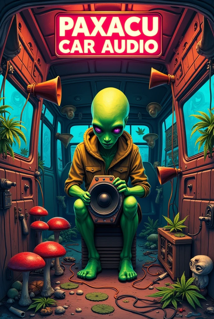 A green alien installing a sound system on a van with a drill,There are mushrooms on the floor ,horns,wires, ????????? leaves,herramientas tiradas muchas horns grandes y pequeñas saliendo por todas partes y el alien sostiene una bocina en sus manos,and a car sound amplifier,sobre de todo esto hay un letrero con letras neón que dice PAXACU CAR AUDIO y de las horns sale sonido 