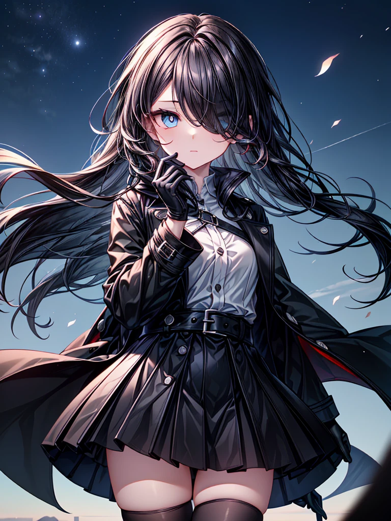 ((Oriental Project)),((masterpiece)),((leaning forward)),((Highest quality)),((Fascinating)),((alone)),((Deep blue pupils)),((Looking up at the night view from the top of the hill)),((Beautiful Blue Eyes)),((Wearing a black coat)),((Black mini skirt)),(((Wearing black tights))),((Slim body)),((length, Shiny black hair)),((Her left eye is completely hidden by her bangs)),((Her hair is parted, and you can see her eyes through it)),((Wearing black gloves)),((hair over one eye,long hair)),((Ruthless)),((Complex background)),((Hair blowing in the wind))