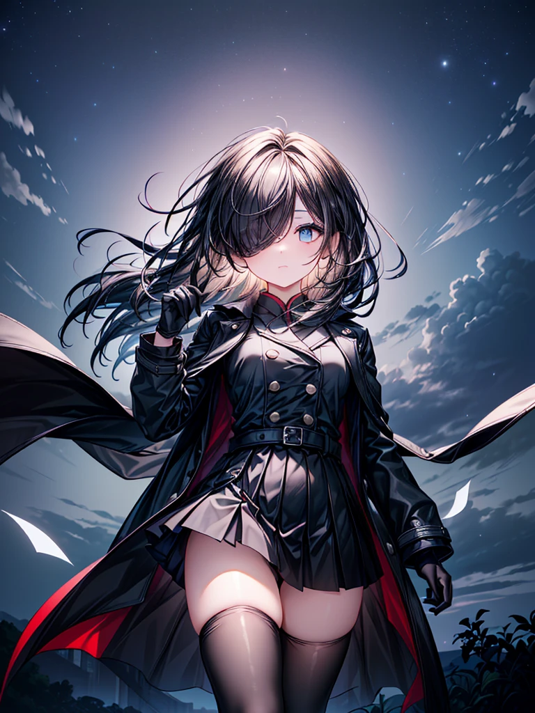 ((Oriental Project)),((masterpiece)),((Highest quality)),((Fascinating)),((alone)),((Deep blue pupils)),((Looking up at the night view from the top of the hill)),((Beautiful Blue Eyes)),((Wearing a black coat)),((Wearing a black mini skirt,She is wearing black tights under her skirt)),((Slim body)),((length, Shiny black hair)),((Her left eye is completely hidden by her bangs)),((Her hair is parted, and you can see her eyes through it)),((Wearing black gloves)),((hair over one eye,long hair)),((Ruthless)),((Complex background)),((Hair blowing in the wind))