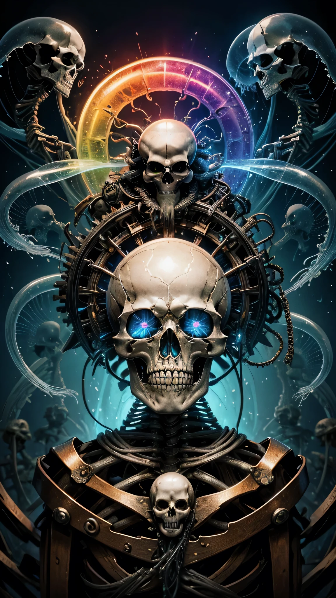 (Best picture quality, 4K, 8K, High resolution, Masterpiece: 1.2), ultra detailed, realistic: 1.37, a close-up of the head of(( A metal skeleton parasitized by a fantastic transparent jellyfish)), an altar composed of abstract twisted roots pulling a very large (mysterious skull made of metal), glowing eyes, a spooky waterfall above the skull, (rainbow, rainbow around the skull), full of energy, circular composition illustrates the effects of various structural forces, alone, (steampunk decorative elements, gear, and other elements). Pointers, chainantastic decorative combinations,