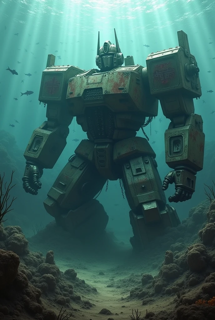 Create realistic transformers abandoned in the sea
