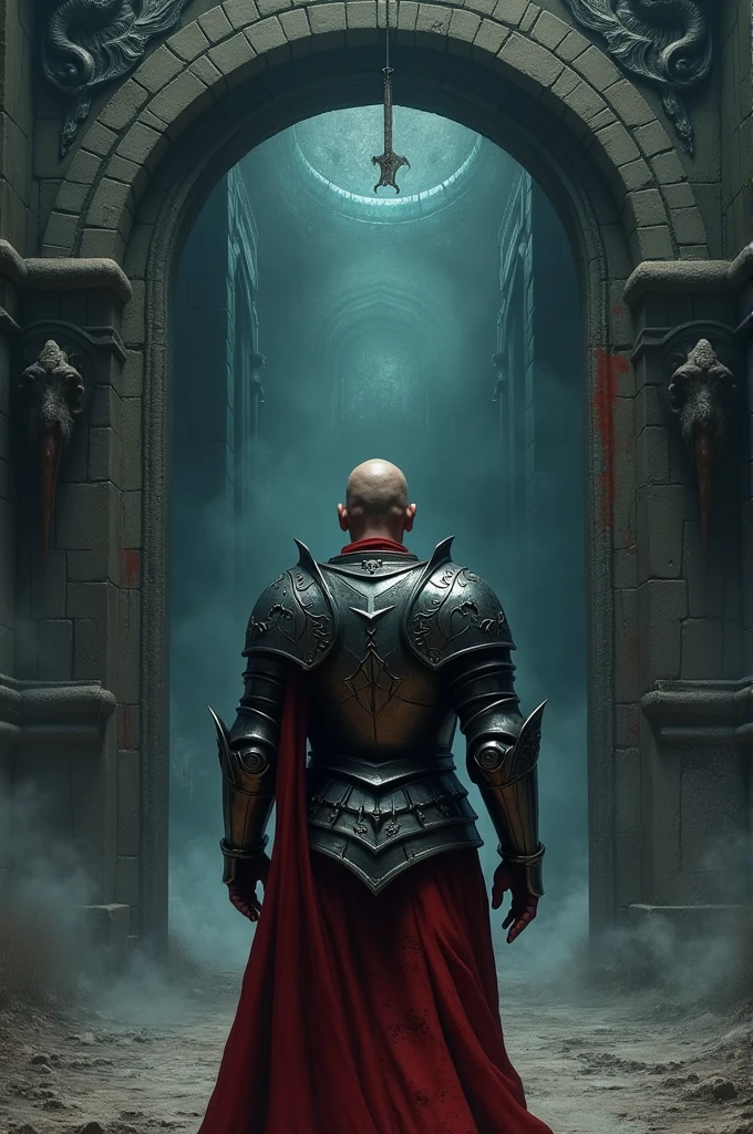 Wounded knight in armor, faces the gates of the underworld