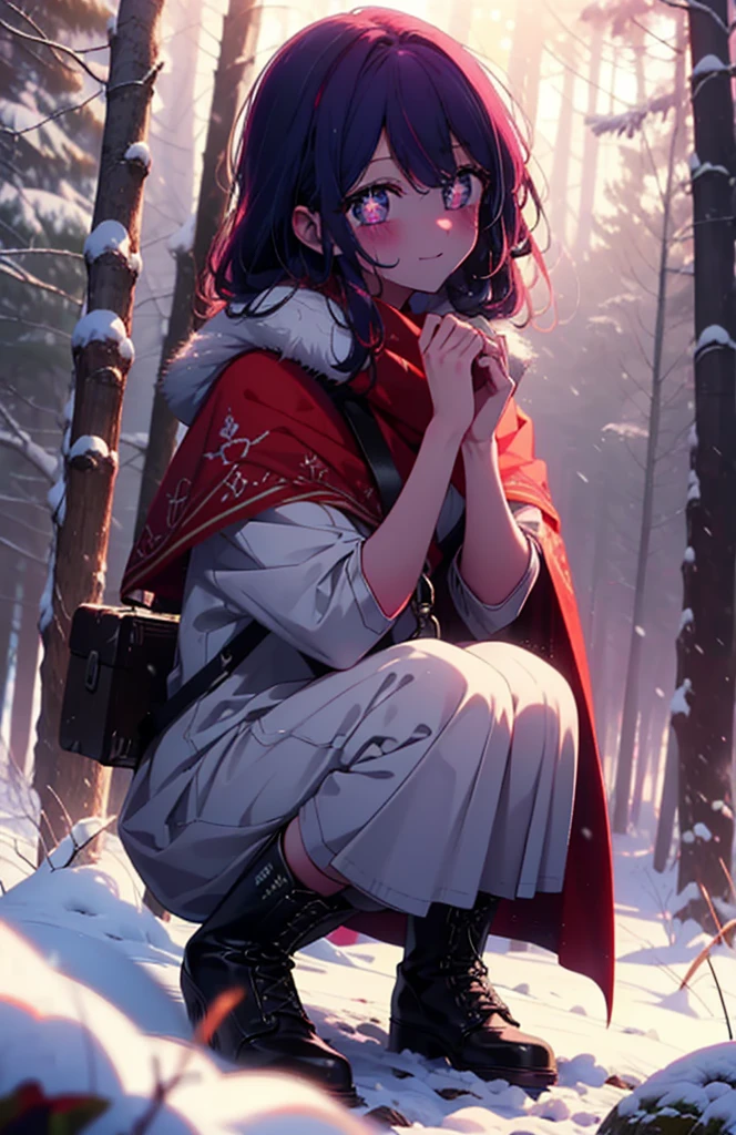 aihoshino, Ai Hoshino, Long Hair, bangs, (Purple eyes:1.1), Purple Hair, (Symbol-shaped pupil:1.5), smile,,smile,blush,white breath,
Open your mouth,snow,Ground bonfire, Outdoor, boots, snowing, From the side, wood, suitcase, Cape, Blurred, , forest, White handbag, nature,  Squat, Mouth closed, Cape, winter, Written boundary depth, Black shoes, red Cape break looking at viewer, Upper Body, whole body, break Outdoor, forest, nature, break (masterpiece:1.2), Highest quality, High resolution, unity 8k wallpaper, (shape:0.8), (Beautiful and beautiful eyes:1.6), Highly detailed face, Perfect lighting, Extremely detailed CG, (Perfect hands, Perfect Anatomy),