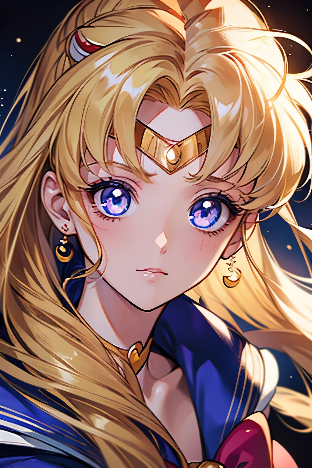 Sailor Moon, 1 Girl, Blonde Hair, Long Hair, Blue Eyes, Detailed Eyes, Single Focus, Single Background, Female Focus, Usagi Tsukino, Portrait,, (Masterpiece:1.0), (Best Quality:1.0 ), (8k Wallpaper:1.0), (Detailed Beautiful Face:1.0), (Detailed Eyes), Deep Eyes, Looking At Viewer,
