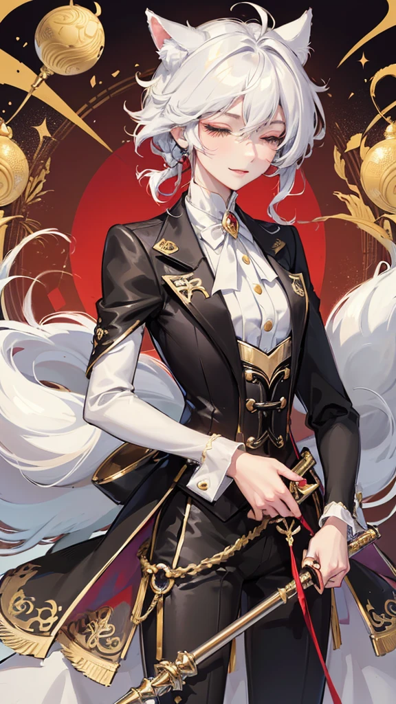 1 boy, anime, futuristic setting, elegant, fancy, tuxedo, high quality, intricate details, cat ears, short hair, closed eyes, messy hair, fluffy hair, butler outfit, lucky cat aesthetic, red collar, golden bell, red eyeshadow, serene smile, rolled up sleeves, cat tail, rapier, white hair, corset, small braid