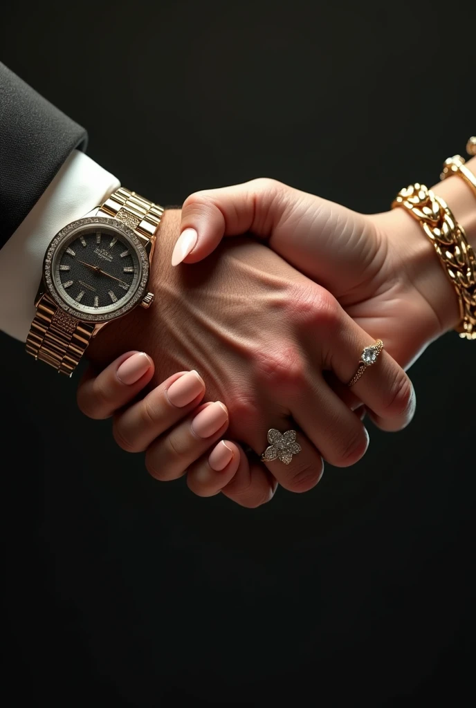 Two hands shaking each other, one veiny male hand with flashy watch and the other female hand with gold bracelet and nice long nails, realist