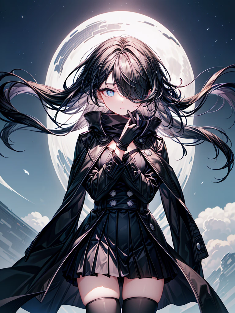 ((Oriental Project)),((masterpiece)),((Highest quality)),((Fascinating)),((alone)),((Deep blue pupils)),((Looking up at the night view from the top of the hill)),((Beautiful Blue Eyes)),((Wearing a black coat)),((Wearing a black mini skirt,She is wearing black tights under her skirt)),((Slim body)),((length, Shiny black hair)),((Her left eye is completely hidden by her bangs)),((Her hair is parted, and you can see her eyes through it)),((Wearing black gloves)),((hair over one eye,long hair)),((Ruthless)),((Complex background)),((Hair blowing in the wind))