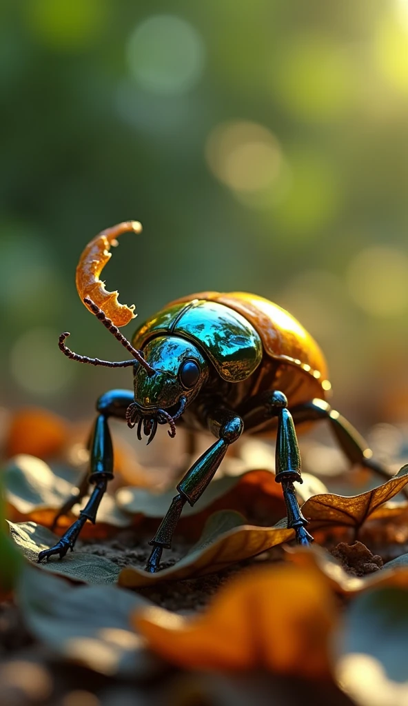 The Thai robot Stag beetle glass beautiful art golden and blue color, full body, reflecting sunlight. Living among the lush leaf litter, cinematic 3D quality, Super realistic HD ultra movie 16k, realistic.