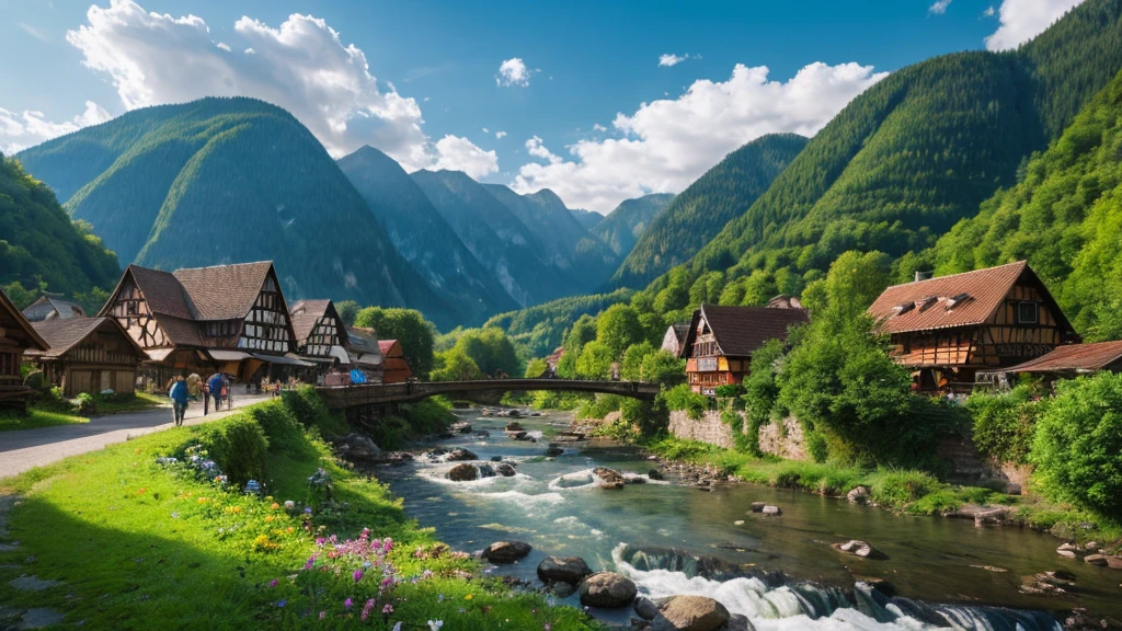 Old German village, mystical nature, Rivers, Mountains and forests, waterfall, cloud, Photorealistic photos, It&#39;s not 8k. Aerial view.