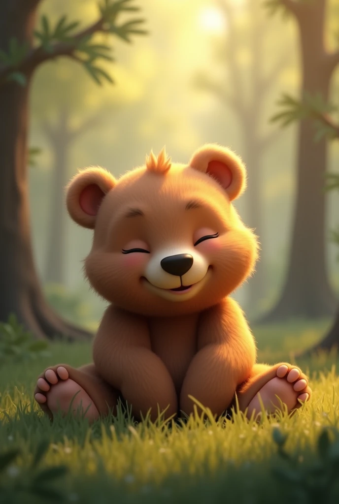 Highest quality　Animated cute baby bear smiling with his mouth closed and sleeping on his side in the forest with his eyes closed　Natural light　3d

