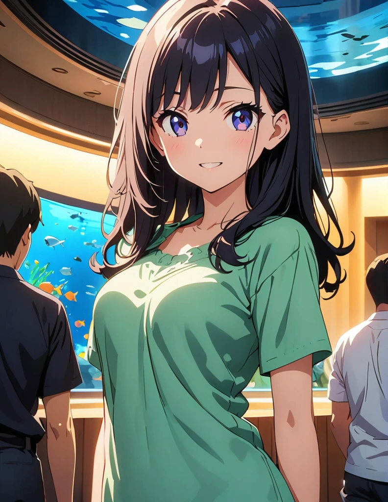 (anime artwork, anime style, studio anime, very detailed, up to date, vibrant, Anime Coloring, high contrast, masterpiece:1.2, best quality, best aesthetics),1 girl, Medium chest, A glimpse of thighs,happy,aquarium,light smile, summer clothes,crowd,