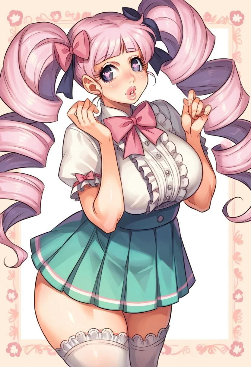Cute, girl, pastel long lavender hair, curly twintails, purple eyes, heart shaped pupils, plump lips, big breasts, hourglass finger, slender, ruffle pastel bow blouse, Skirt-Knee-length, pastel, pleated with floral patterns, white lacy stockings, 
