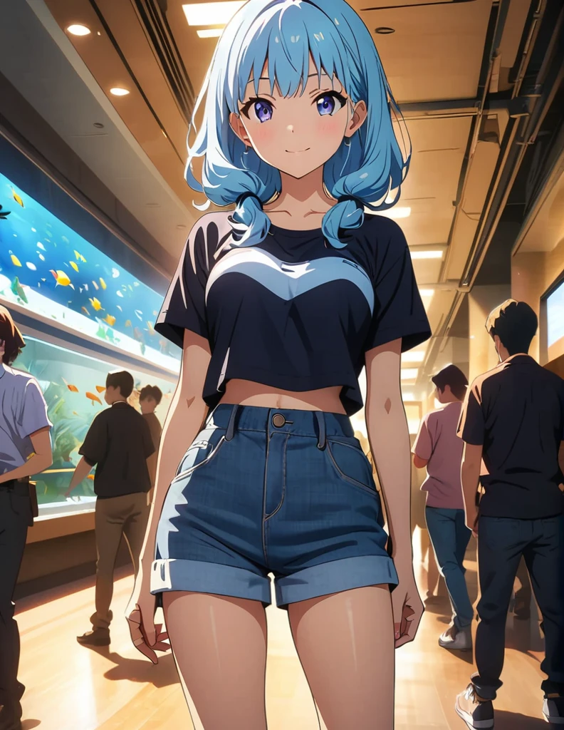 (anime artwork, anime style, studio anime, very detailed, up to date, vibrant, Anime Coloring, high contrast, masterpiece:1.2, best quality, best aesthetics),1 girl, Medium chest, A glimpse of thighs,happy,aquarium,light smile, summer clothes,crowd, 