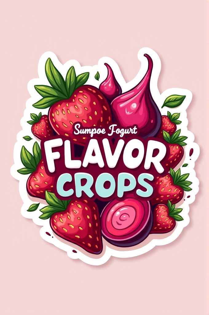 Logo of a Greek yogurt startup with strawberry beet jelly with the name of "FLAVOR CROPS" That this company name is in Spanish and in bright colors and very colorful drawings of beets and strawberries. Kawai