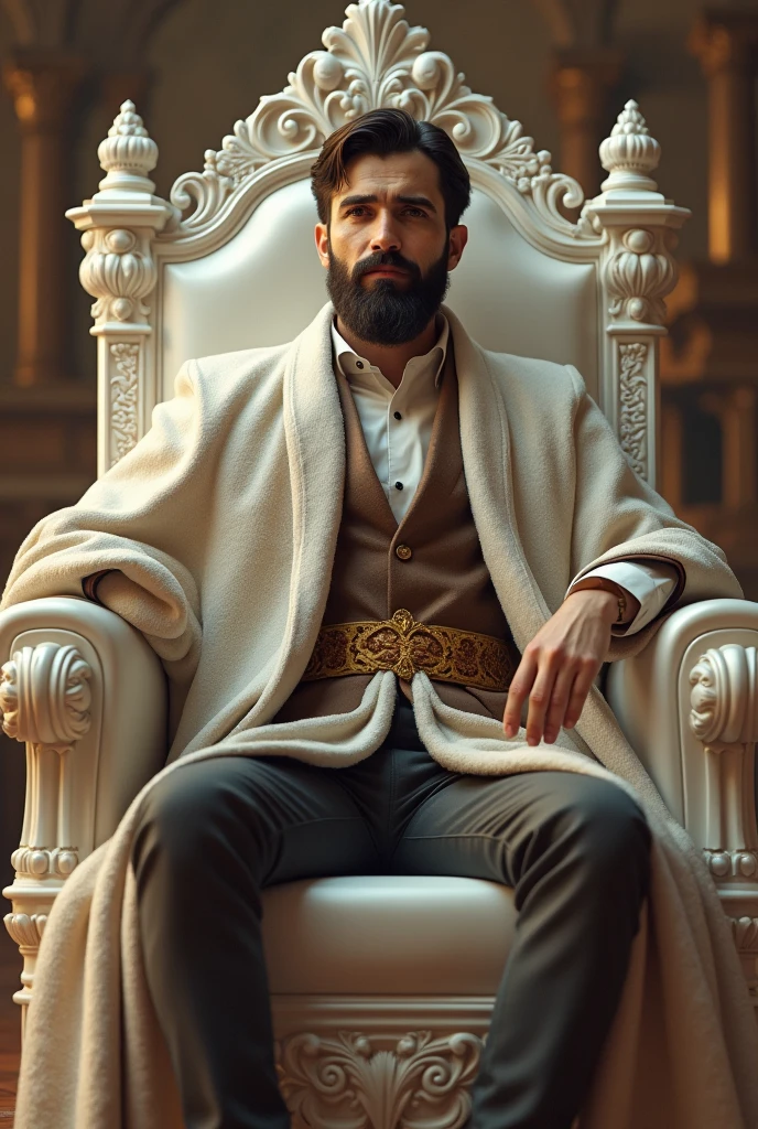 Young king with beard sitting on his white throne 