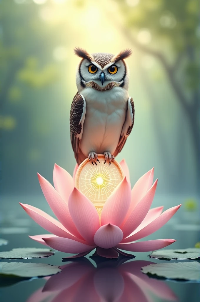 I need an image that has the lotus flower as a base, the physiotherapy symbol on top and the owl on top of the physiotherapy symbol.