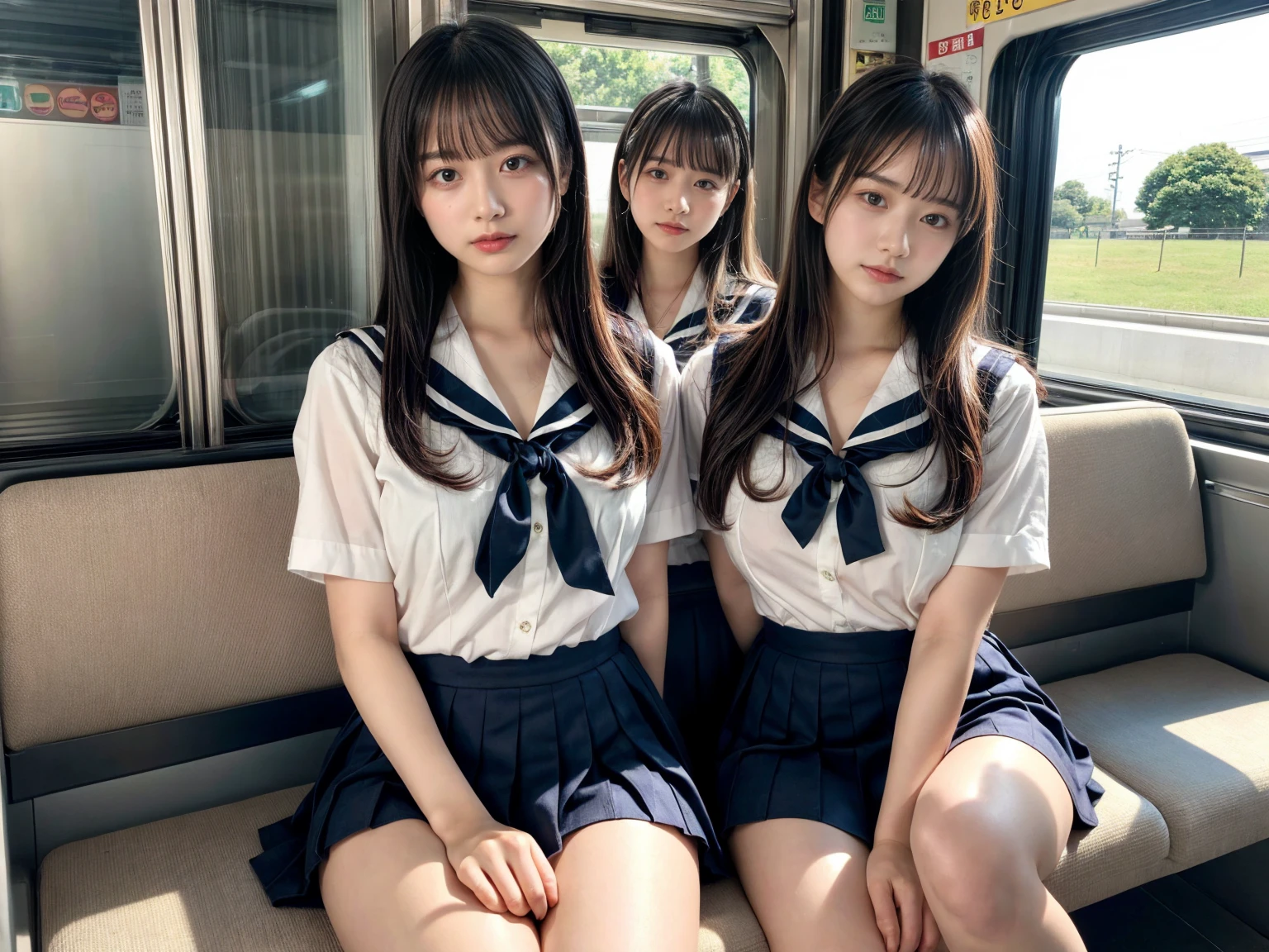 masterpiece, best quality, illustration, Super detailed, fine details, High resolution, 8K,wall paper, perfect dynamic composition,(Details High quality, realistic depiction of eyes:1.3), (3 girls), Black Sailor Uniform, serafuku, Navy pleated skirt, sitting, open legs, short bob hair, Sitting on a train in Tokyo, deep on field, large breasts, black hair color, Big Natural Color Lip, (perfect body shape), crying a little、Harajuku style、20 year old girl、cute type、beautiful legs, Gravure Idol