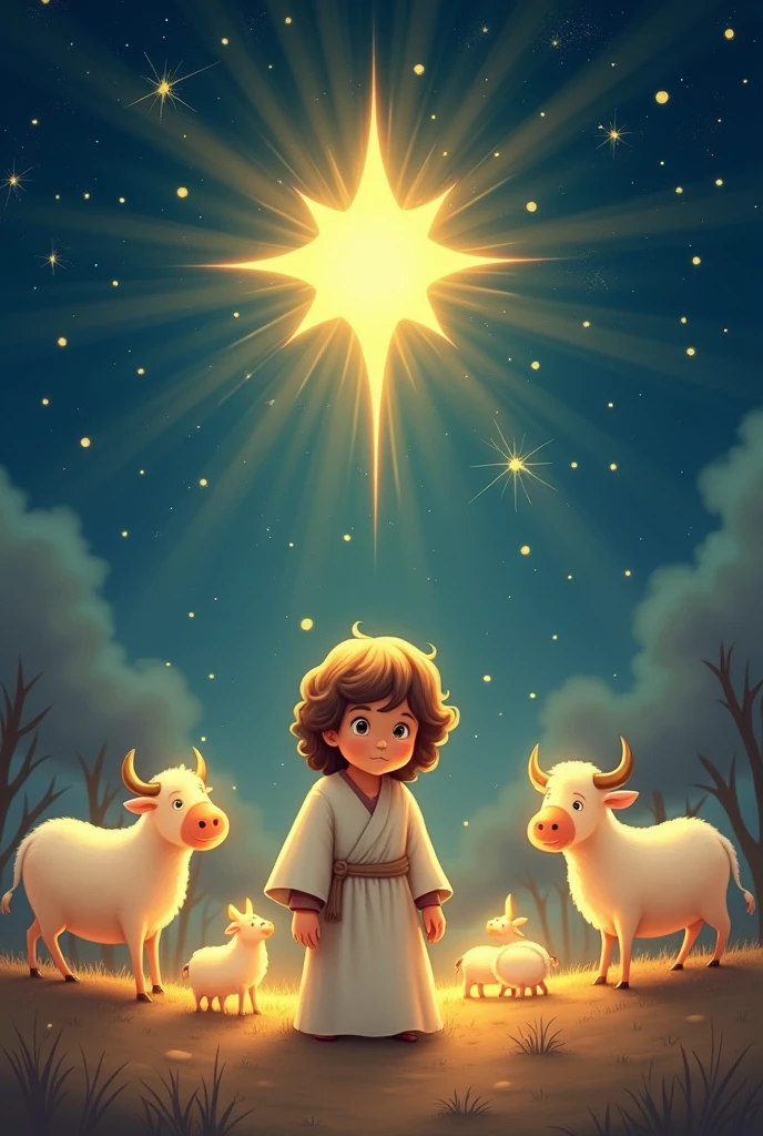 Illustration of Jesus as a small boy in a Bethlehem setting, with stars shining brightly in the sky. The main star has a magical glow, with golden sparks. Animals around Jesus, like sheep and cows, have a soft glow around them, as if they were part of an enchanted story.