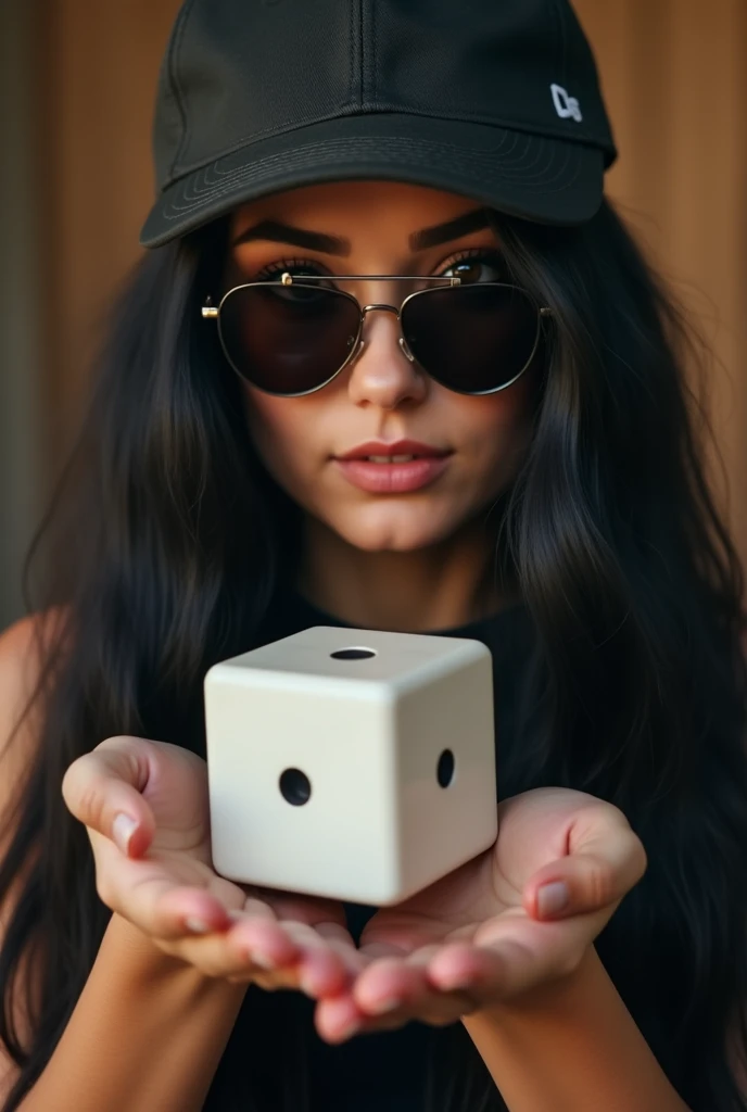 Beautiful woman with long straight black hair, wearing sunglasses and a cap and holding a large six-point dice in his hands, showing it in front of him