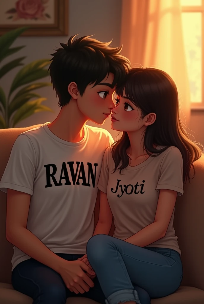 A boy with her gf . Boy t shirt name is ravan. Sit on chair. Gf t shirt name jyoti
