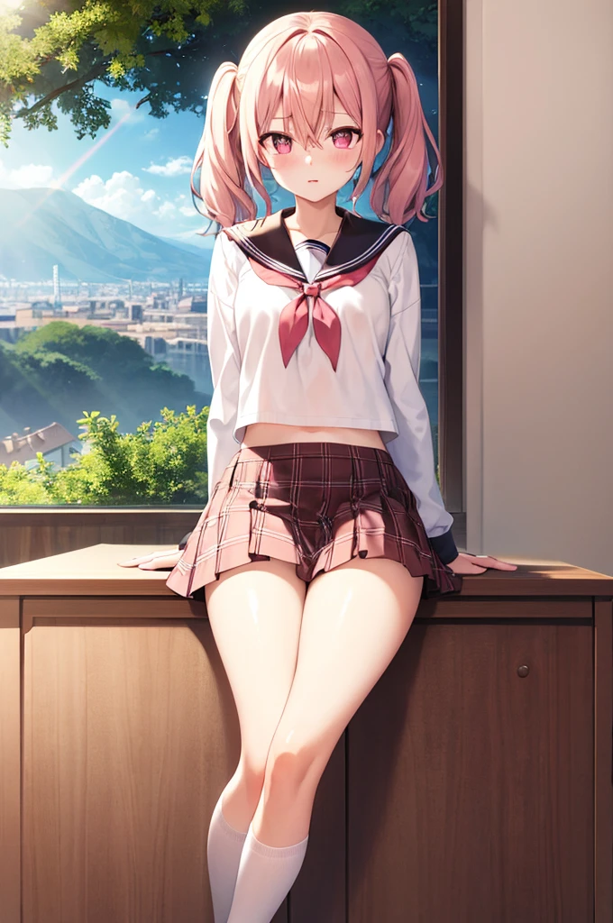 hair between eyes, twintails, sailor collar,
highly_detailed, extremely_detailed_CG_unity_8k_wallpaper, highres, absurdres, beautiful_detailed_eyes, finely_detailed_clothing, finely_detailed_light, highly_detail_hair_, Beautiful eyes,
colorful, light rays, caustics, aistics, lens flare, bokeh, nsfw, flat-chested, pink eyes, White silk stockings, JK Uniform Plaid Skirt, school uniform, Light pink mini skirt, blush,
score_anime, score_9, score_8_up, masterpiece, beautiful scenery, illustration,
full-body picture, lovely, Sitting on the desk