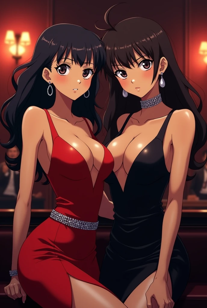 The iconic Suzuki sisters from the beloved anime and manga series, Detective Conan, reimagined in a playfully alluring and unexpected light. The setting is a sleek and dimly lit jazz club, where the air is thick with the scent of sultry perfume and the smooth rhythm of a saxophone. The elder sister, Ran Mouri, flaunts a stunning red dress that clings to her curves, cinched at the waist with a sparkling belt, and a plunging neckline that accentuates her cleavage. Her hair is styled in voluminous waves that cascade over her bare shoulders, drawing the eye to her smoldering gaze. Meanwhile, her younger sister, Sonoko Suzuki, is dressed in a daring black number with a high slit that teases a glimpse of her toned legs. Her midriff is bare, adorned only by an intricate bejeweled choker that matches her glittering drop earrings. Both sisters are caught in the act of flashing their dazzling smiles at an unseen photographer, their cheeky playfulness evident in the mischievous glint in their eyes. The vibrant colors of their outfits pop against the moody backdrop of the club, creating a visual contrast that is as captivating as it is tantalizing. As they lean in closer to each other, the siblings' bond is palpable, yet it's their shared sense of adventure and seductive charm that truly steals the spotlight.