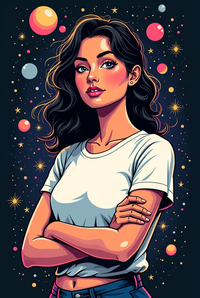 A women's physics t-shirt that has stars and is white with pink details, black and gold.