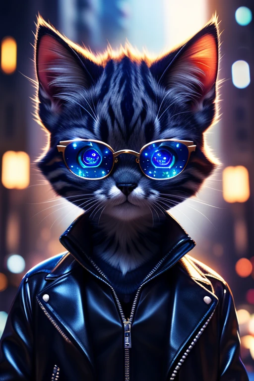 (Highest quality、masterpiece、8k))、Anatomically correct、Very detailed、High resolution、Cinematic lighting、Realistic、((Beautiful, sparkling, detailed eyes))、Intricate details、((Dynamic composition))、Cute kitten、Big head、Black Leather Jacket、Ray-Ban Sunglasses