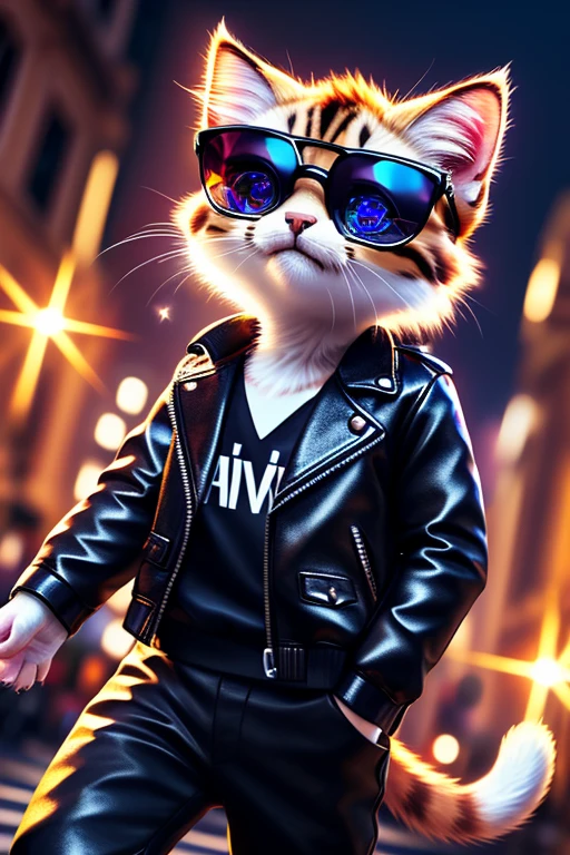 (Highest quality、masterpiece、8k))、Anatomically correct、Very detailed、High resolution、Cinematic lighting、Realistic、((Beautiful, sparkling, detailed eyes))、Intricate details、((Dynamic composition))、Cute kitten、Big head、Black Leather Jacket、Ray-Ban Sunglasses