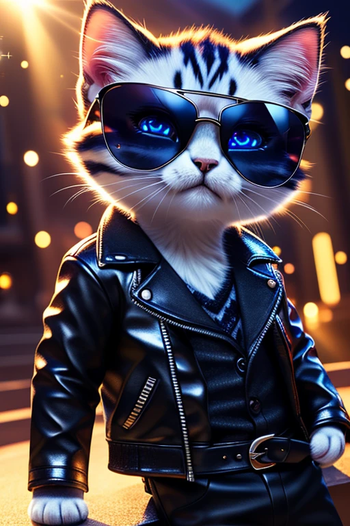 (Highest quality、masterpiece、8k))、Anatomically correct、Very detailed、High resolution、Cinematic lighting、Realistic、((Beautiful, sparkling, detailed eyes))、Intricate details、((Dynamic composition))、Cute kitten、Big head、Black Leather Jacket、Ray-Ban Sunglasses