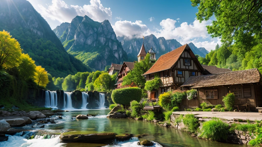 Old German village, mystical nature, Rivers, Mountains and forests, waterfall, cloud, Photorealistic photos, It&#39;s not 8k. Aerial view.