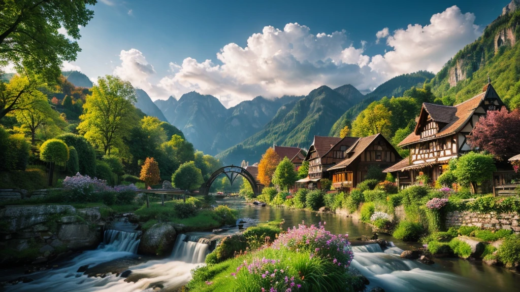 Old German village, mystical nature, Rivers, Mountains and forests, waterfall, cloud, Photorealistic photos, It's not 8k. Aerial view.