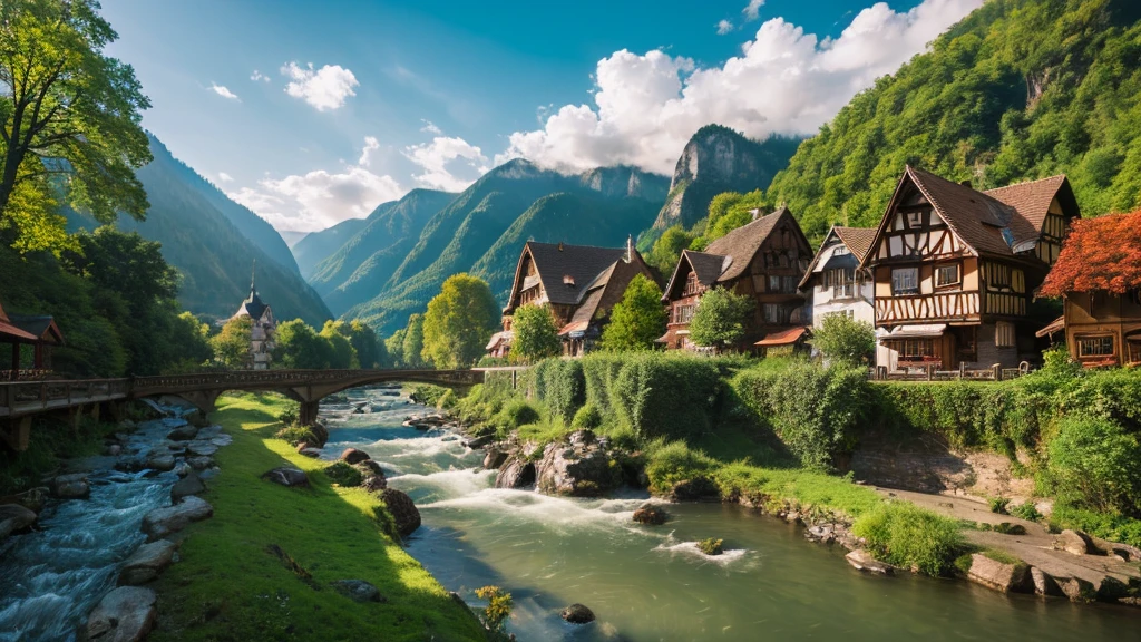 Old German village, mystical nature, Rivers, Mountains and forests, waterfall, cloud, Photorealistic photos, It&#39;s not 8k. Aerial view.