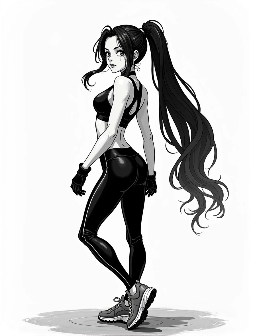 Android 21, sportswear, back to viewer, looking back at viewer, photo shoot, black and white manga illustration, highly detailed, manga cover