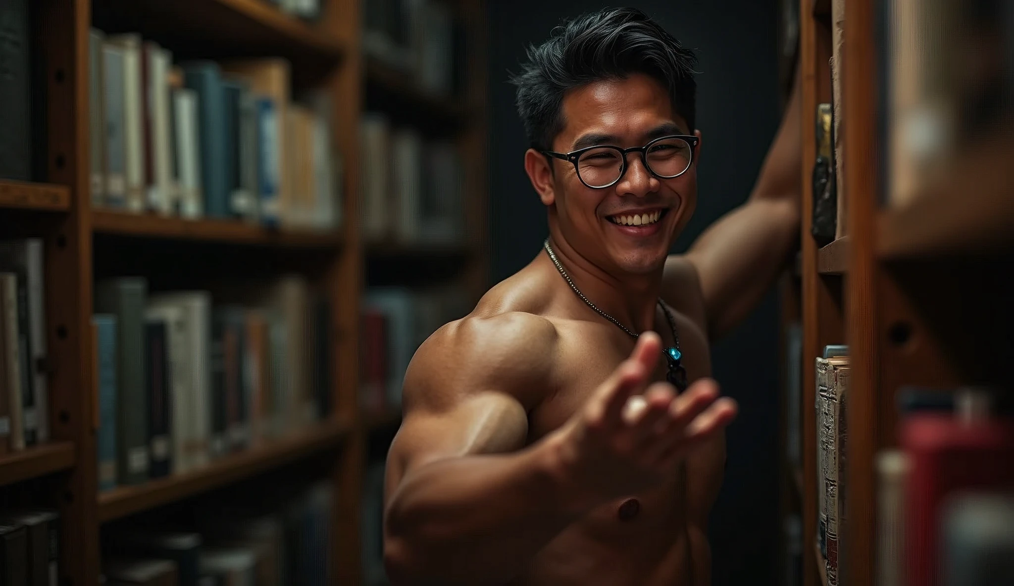 best quality, masterpiece, extremely detailed, masculine, 25 year old muscular bodybuilder filipino man, wearing glasses, round face with chubby cheeks, (muscular bodybuilder), very cheeky smile, fitted clothes, glowing quartz crystal pendant, leaning against bookshelf, reaching out one hand towards camera, in library, afterhours, lights off, at midnight, cinematic shadows, dreamy atmosphere, perfect face, perfect hands, perfection