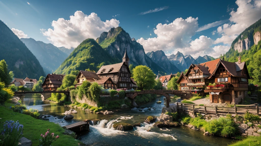 Old German village, mystical nature, Rivers, Mountains and forests, waterfall, cloud, Photorealistic photos, It&#39;s not 8k. Aerial view.